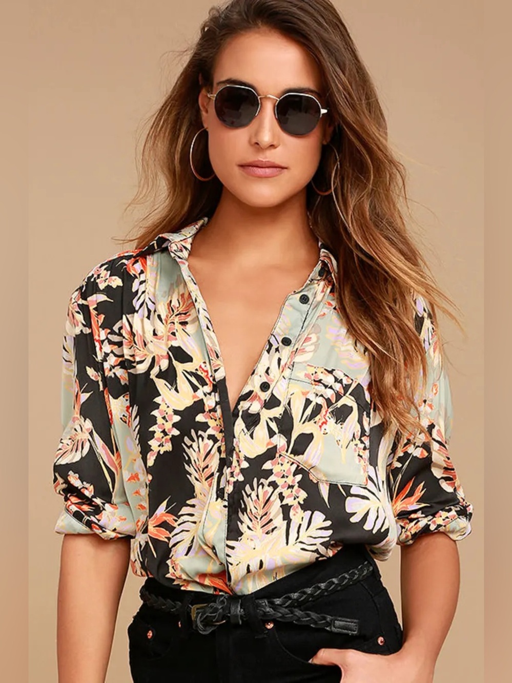 Free People Under the Palms Black Print Button-Up Top Small S - Picture 2 of 7